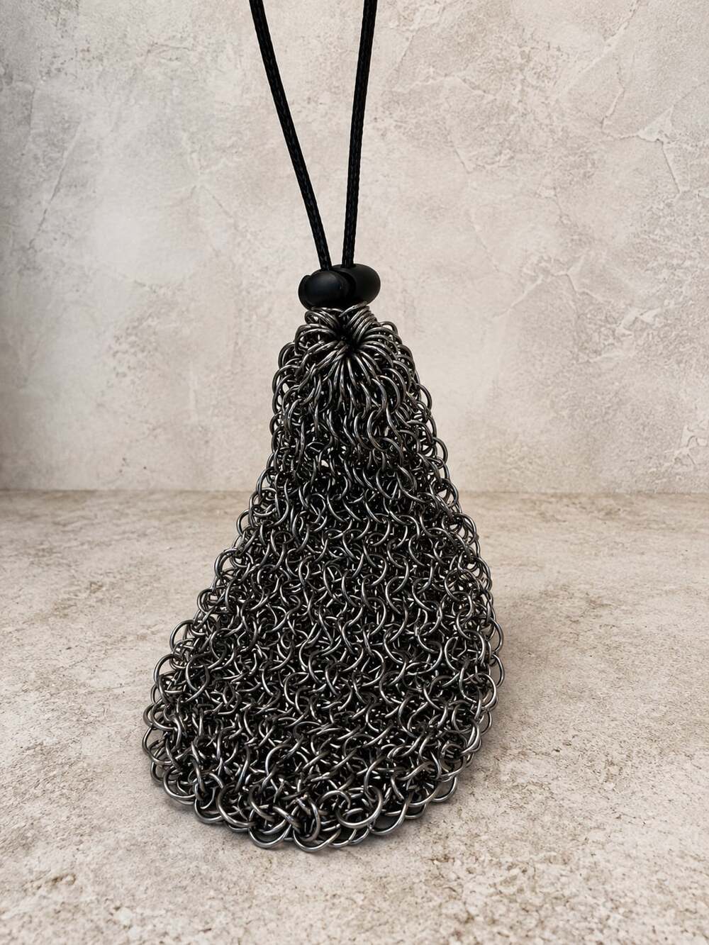 Preowned Handmade Chainmail Drawstring Pouch Necklace Gunmetal Metal Mesh